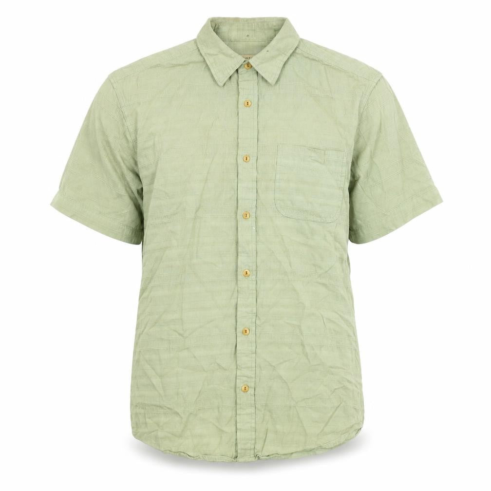 Front view of John Lewis men’s green cotton button-up, size L, collared button - vintage