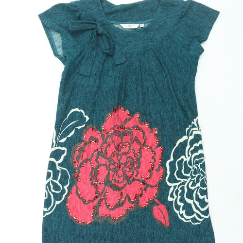 New Look Womens Blue Acrylic Jumper Dress Size 10 Round Neck Pullover - Floral Bow Detail