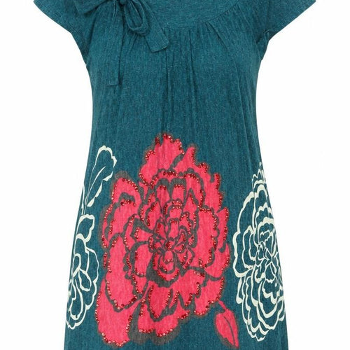 New Look Womens Blue Acrylic Jumper Dress Size 10 Round Neck Pullover - Floral Bow Detail