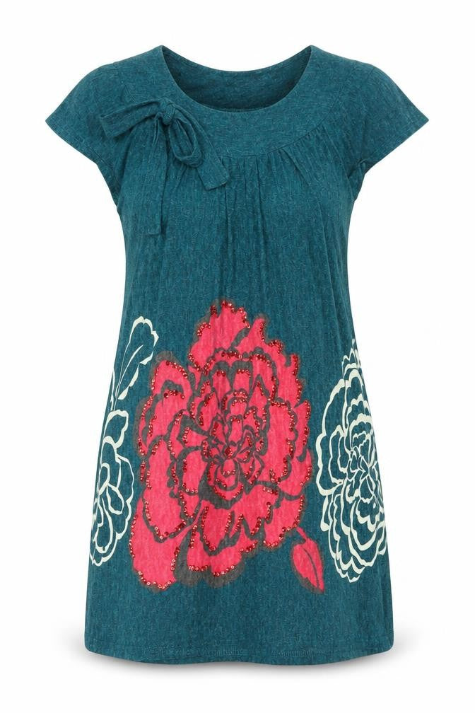New Look Womens Blue Acrylic Jumper Dress Size 10 Round Neck Pullover - Floral Bow Detail
