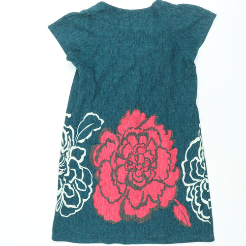 New Look Womens Blue Acrylic Jumper Dress Size 10 Round Neck Pullover - Floral Bow Detail