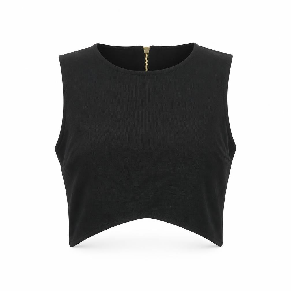 Front view of River Island women’s black viscose cropped blouse, size UK 8, round neck
