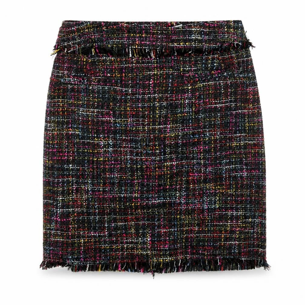 Front view of H&M women’s multicoloured polyester mini skirt, size UK 8, zip - raw edge