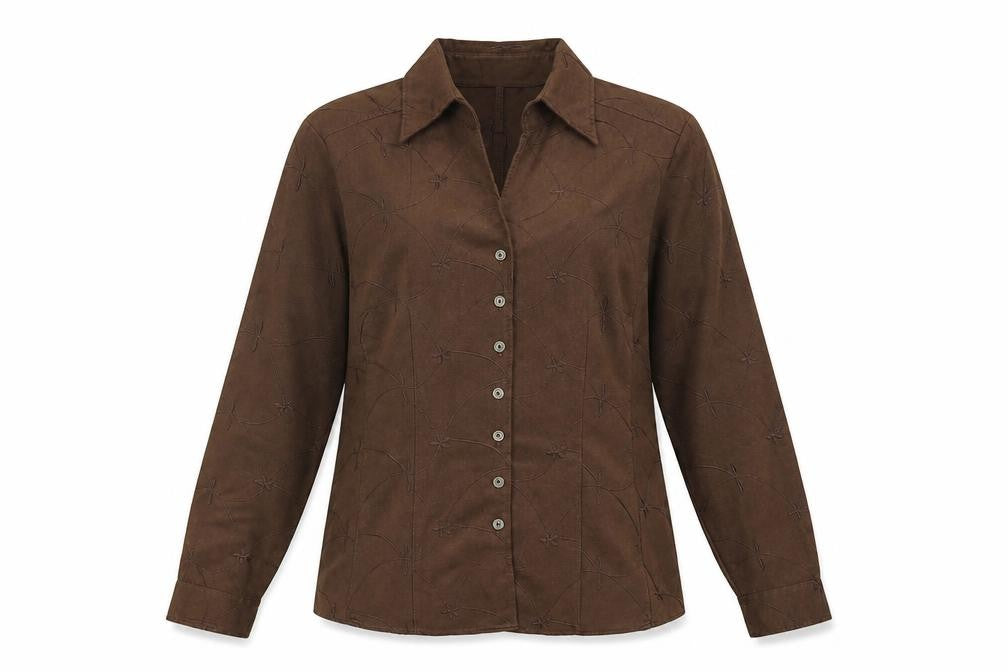 Front view of Marks & Spencer women’s blue geometric polyester basic button-up, size UK 14, collared - embroidered