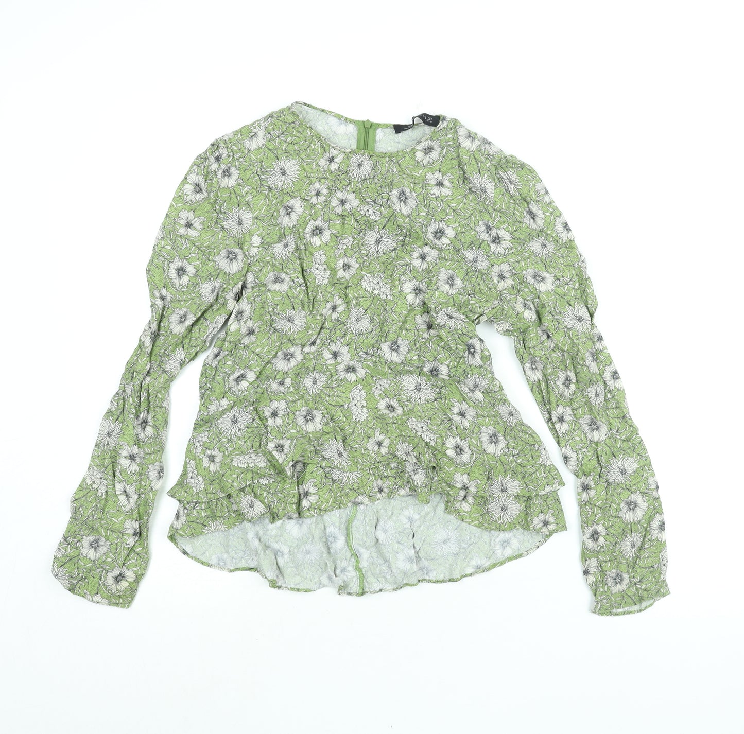 Zara Womens Green Floral Viscose Basic Blouse Size M Round Neck - Frill