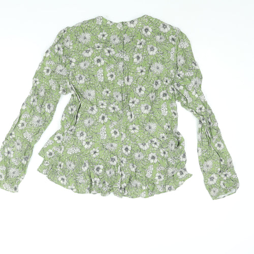 Zara Womens Green Floral Viscose Basic Blouse Size M Round Neck - Frill