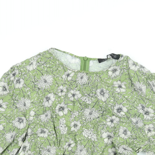 Zara Womens Green Floral Viscose Basic Blouse Size M Round Neck - Frill