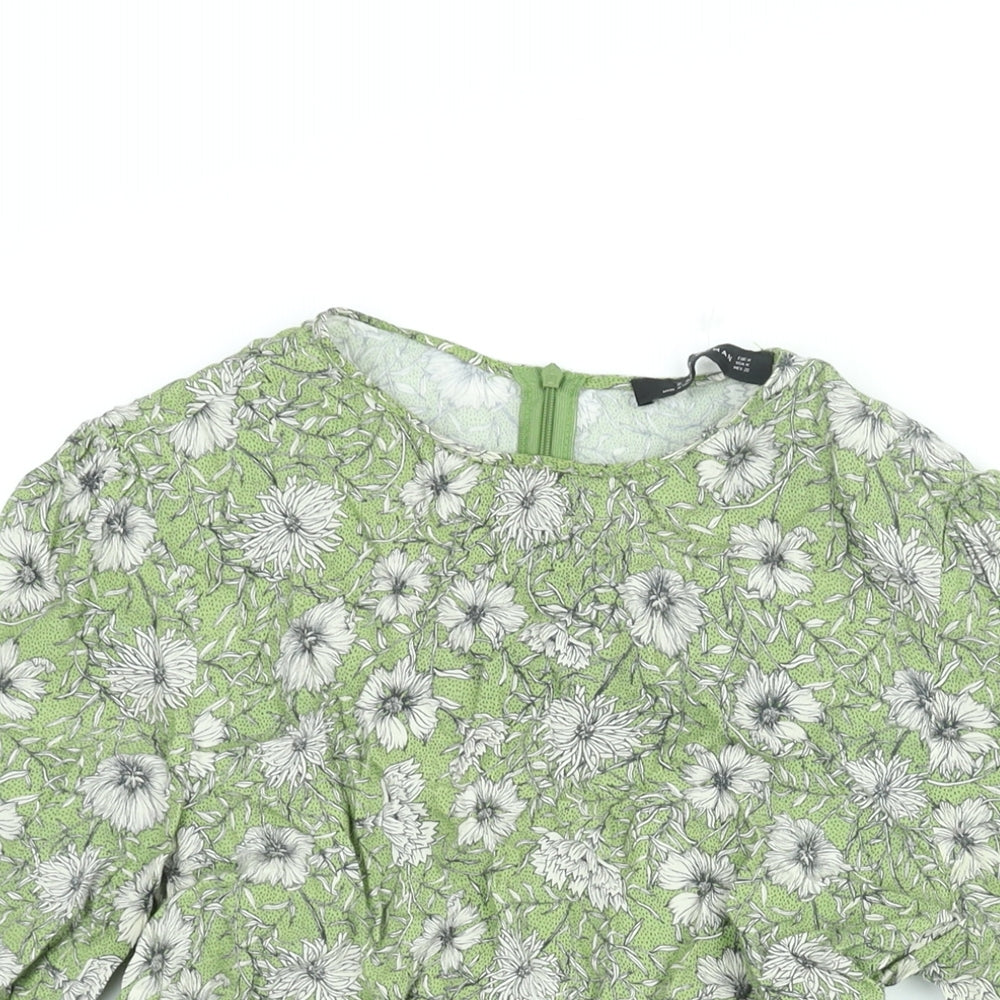 Zara Womens Green Floral Viscose Basic Blouse Size M Round Neck - Frill