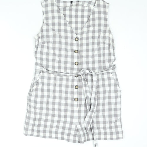 New Look Womens Grey Gingham Cotton Romper One-Piece Size 16 L3 in Button - Belted