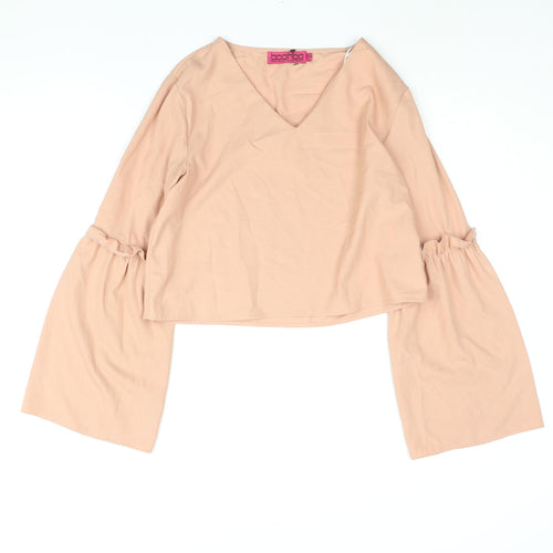 Boohoo Womens Pink Polyester Basic Blouse Size 10 V-Neck - Frill Bell Sleeve