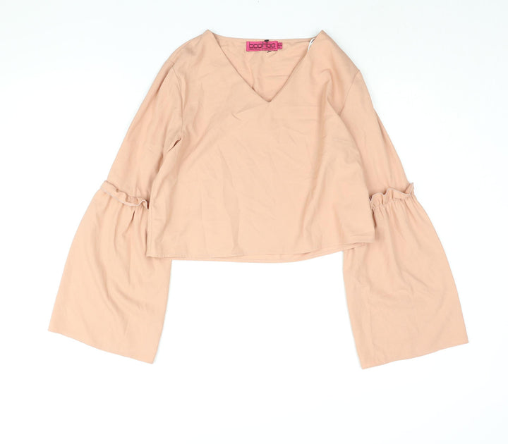 Boohoo Womens Pink Polyester Basic Blouse Size 10 V-Neck - Frill Bell Sleeve