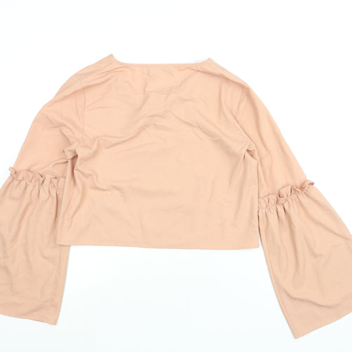 Boohoo Womens Pink Polyester Basic Blouse Size 10 V-Neck - Frill Bell Sleeve