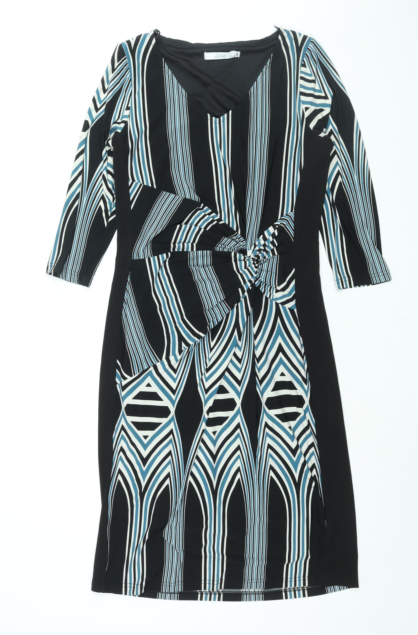 Z Biz Womens Black Geometric Polyester Shift Size M V-Neck Pullover - Rouched Detail