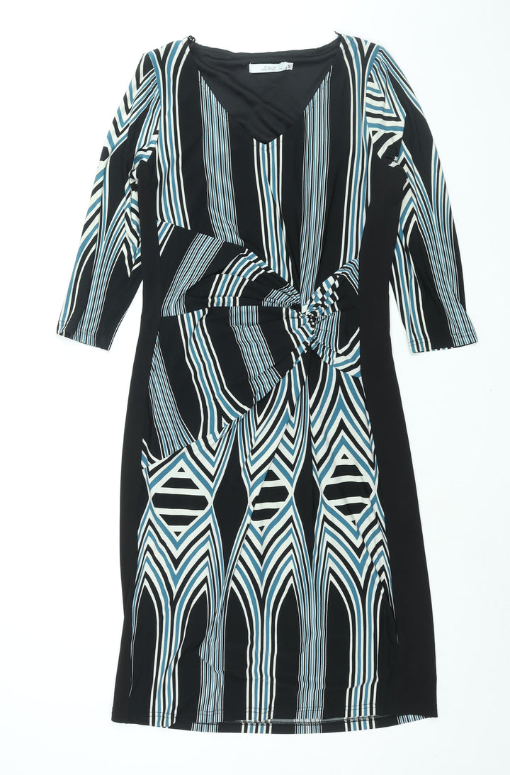 Z Biz Womens Black Geometric Polyester Shift Size M V-Neck Pullover - Rouched Detail