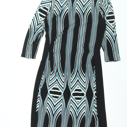 Z Biz Womens Black Geometric Polyester Shift Size M V-Neck Pullover - Rouched Detail