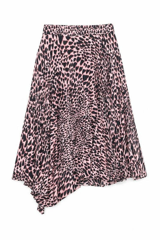 Front view of Topshop women’s pink geometric polyester pleated skirt, size UK 4, - asymmetric hem belted