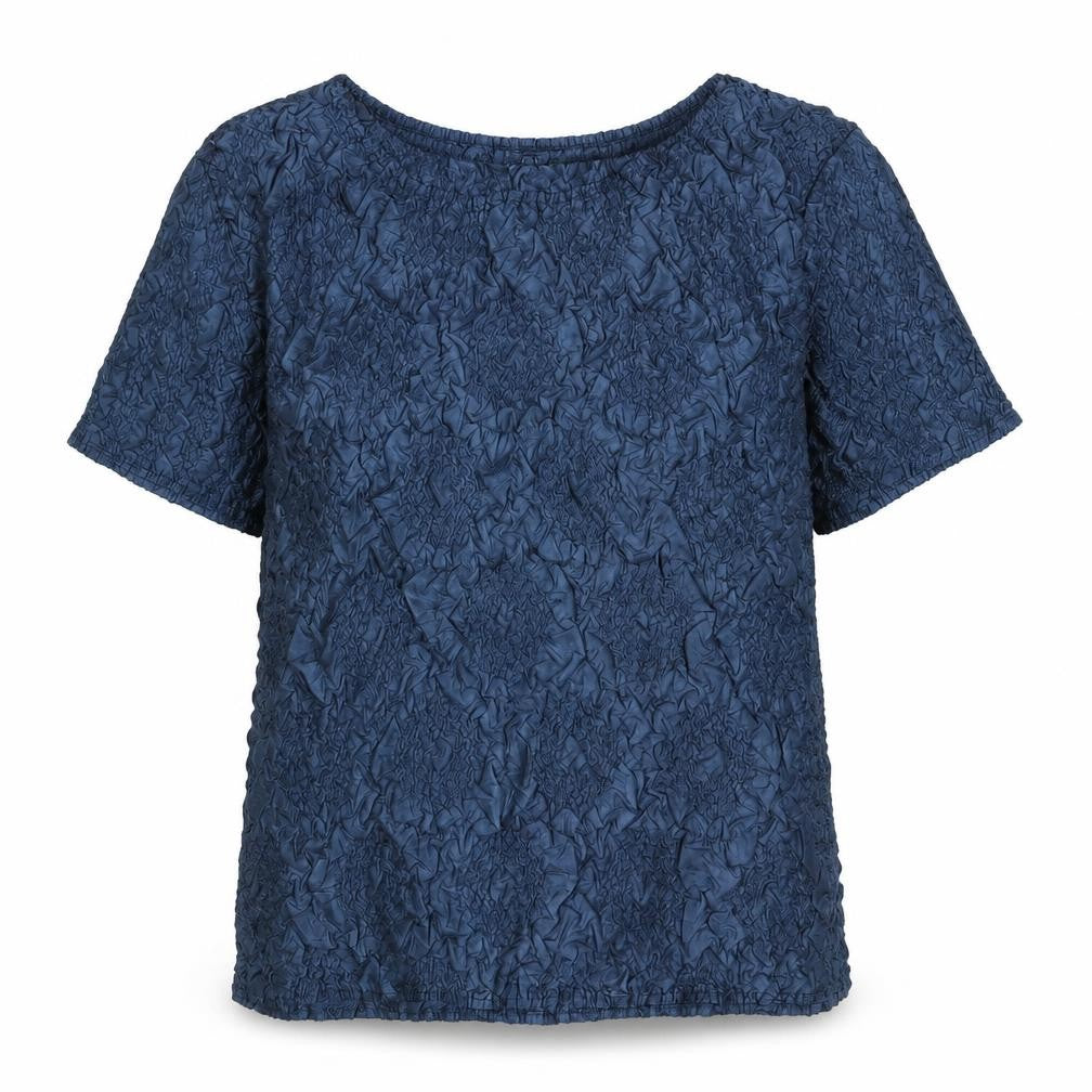 Front view of Just Elegance women’s blue polyester basic blouse, size M, round neck - crinkle look