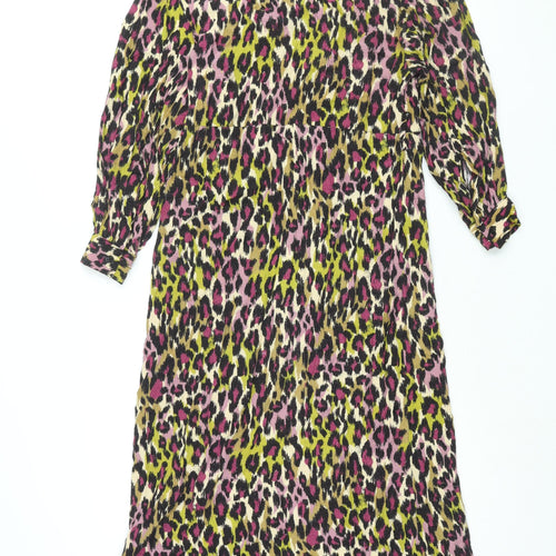 Warehouse Womens Multicoloured Animal Print Viscose Shirt Dress Size 10 Collared Button - Leopard Print