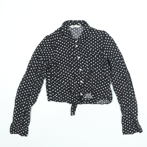 H&M Girls Black Polka Dot Viscose Basic Button-Up Size 13 Years Collared Button - Tie Detail