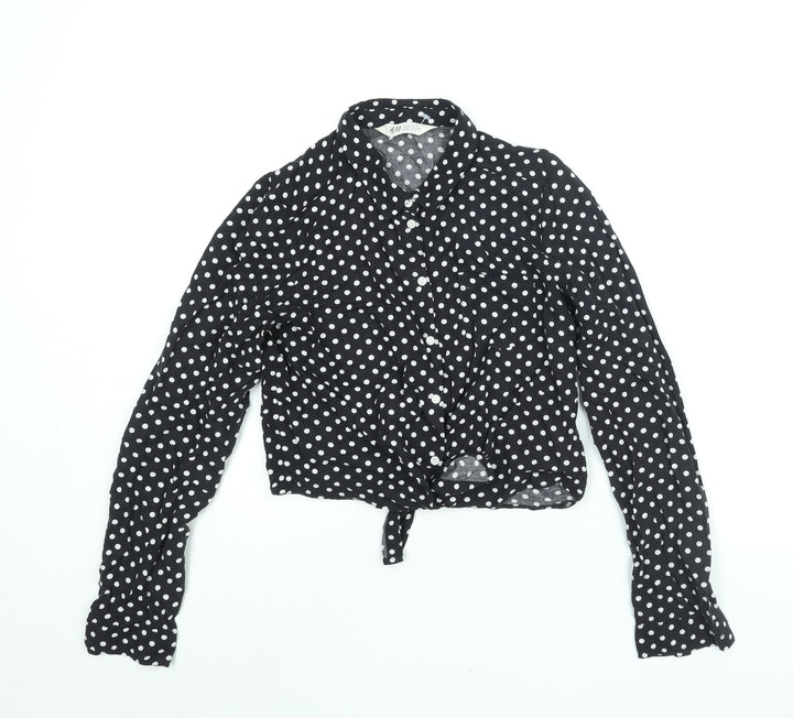 H&M Girls Black Polka Dot Viscose Basic Button-Up Size 13 Years Collared Button - Tie Detail