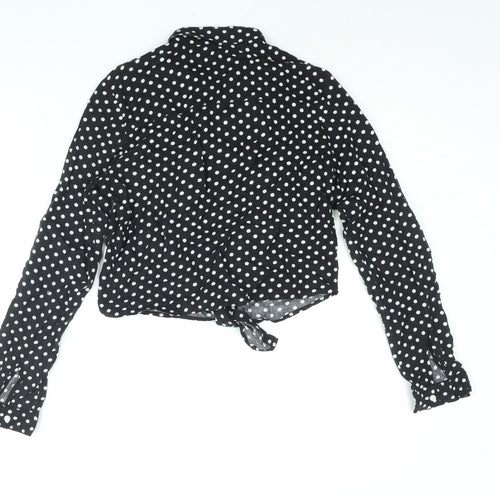 H&M Girls Black Polka Dot Viscose Basic Button-Up Size 13 Years Collared Button - Tie Detail