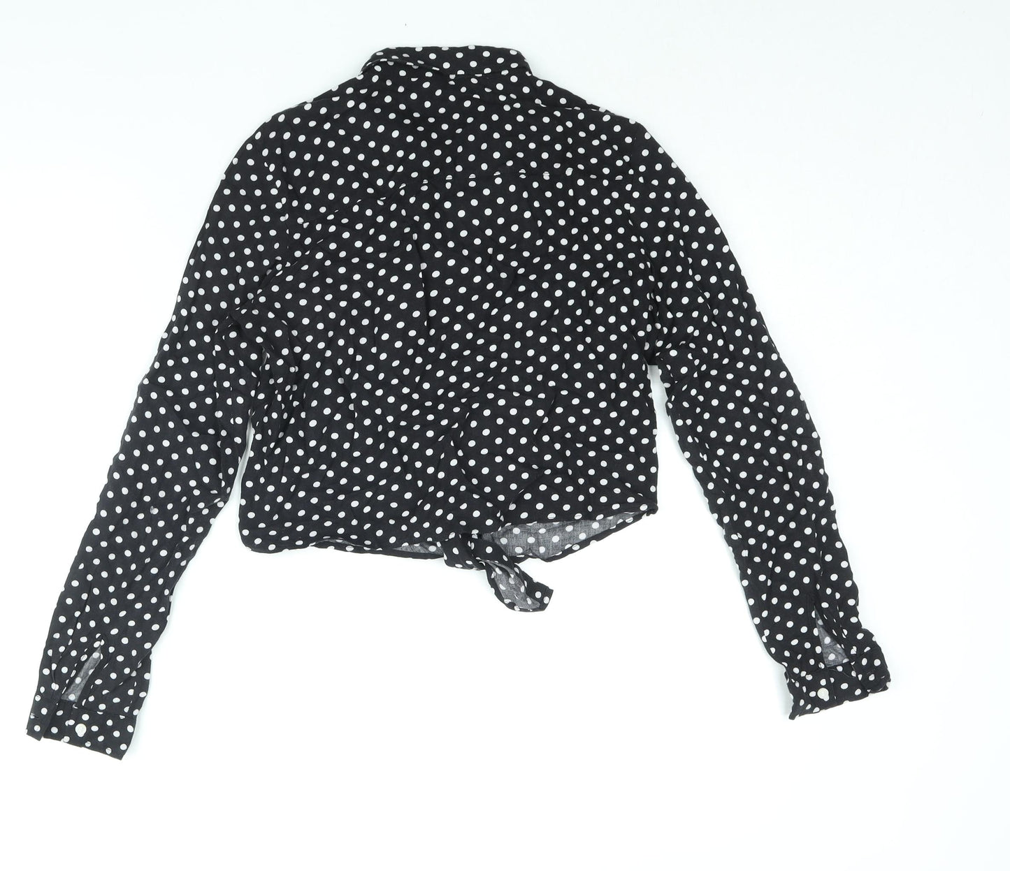 H&M Girls Black Polka Dot Viscose Basic Button-Up Size 13 Years Collared Button - Tie Detail
