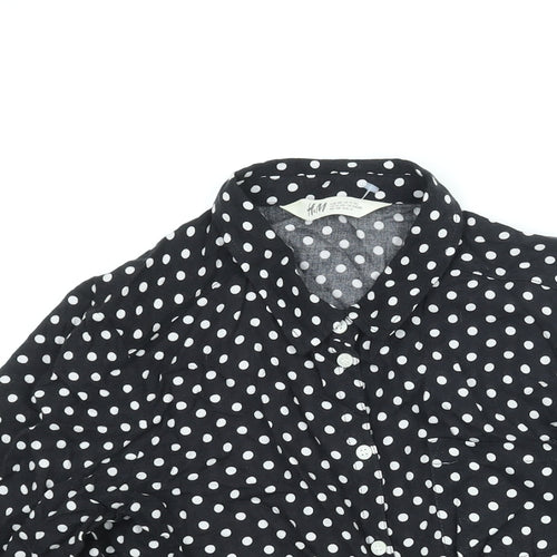 H&M Girls Black Polka Dot Viscose Basic Button-Up Size 13 Years Collared Button - Tie Detail