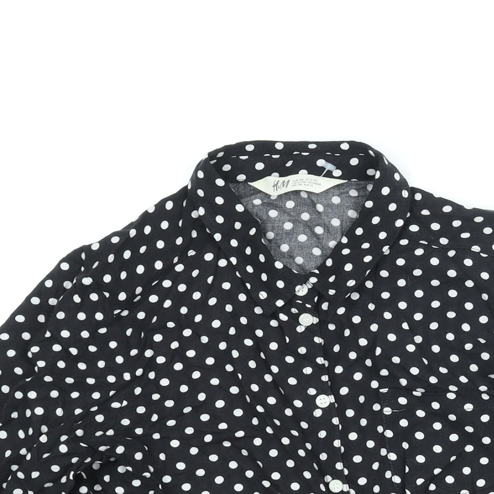 H&M Girls Black Polka Dot Viscose Basic Button-Up Size 13 Years Collared Button - Tie Detail