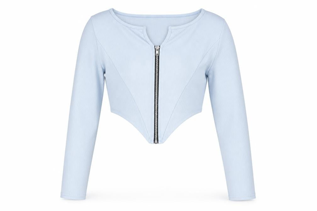 Front view of Boohoo women’s blue polyester cropped blouse, size UK 16, v-neck
