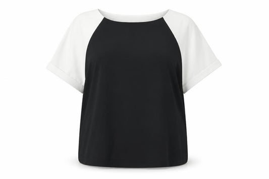 Front view of Next women’s black colourblock polyester basic blouse, size UK 14, round neck