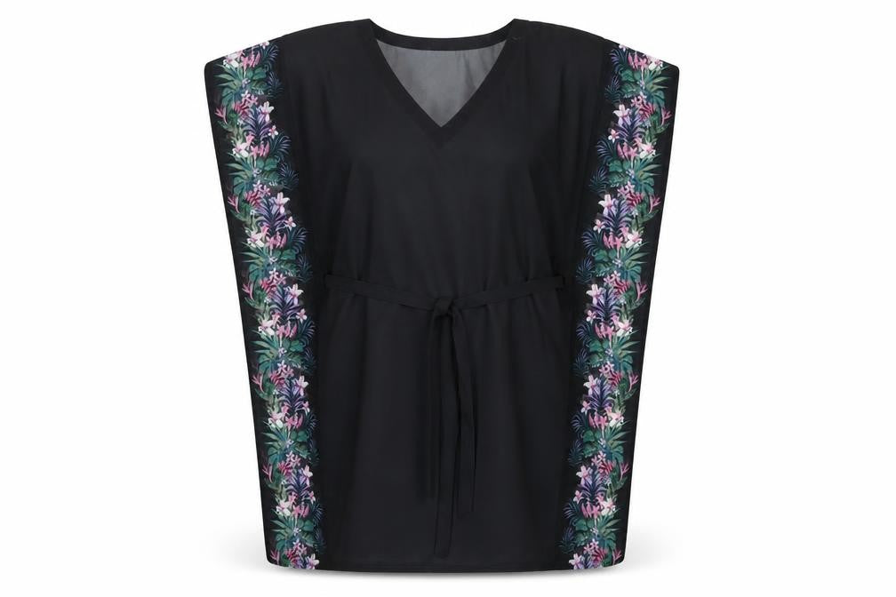 Front view of Cotton Traders women’s black polyester cover up, size M, - floral print belted