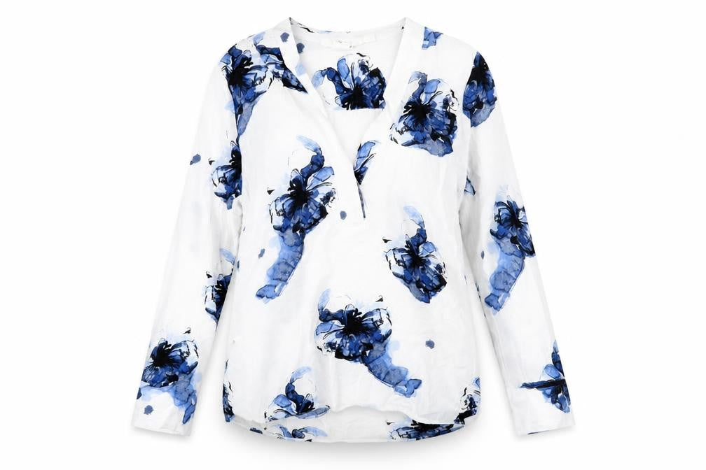 Front view of H&M women’s white floral viscose basic blouse, size UK 6, v-neck