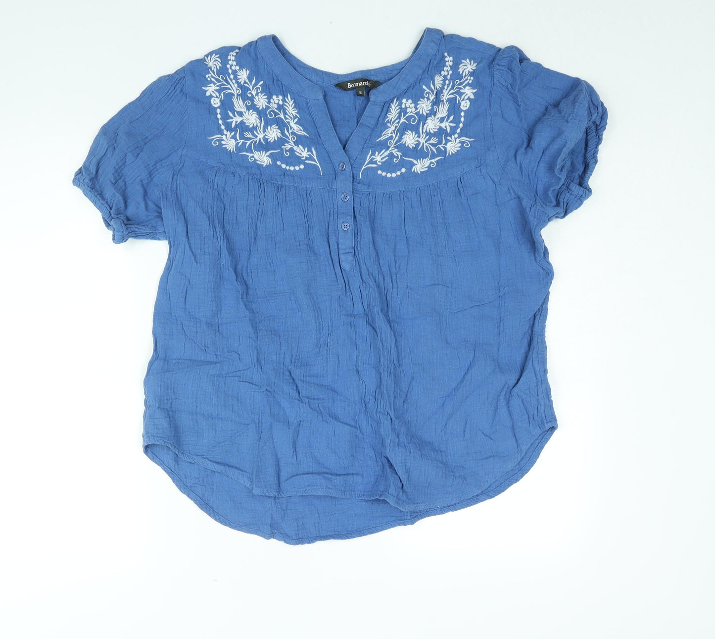 Bonmarché Womens Blue Cotton Basic Blouse Size 16 V-Neck - Embroidered