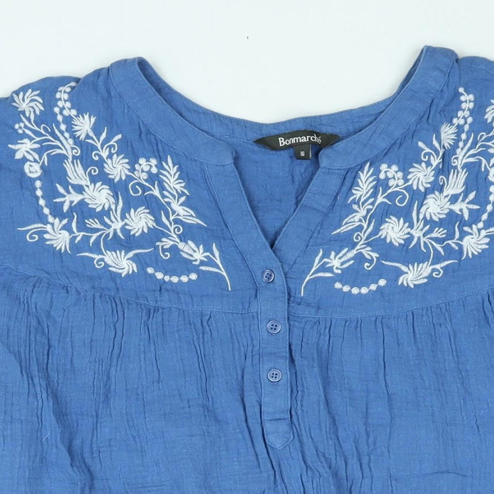 Bonmarché Womens Blue Cotton Basic Blouse Size 16 V-Neck - Embroidered