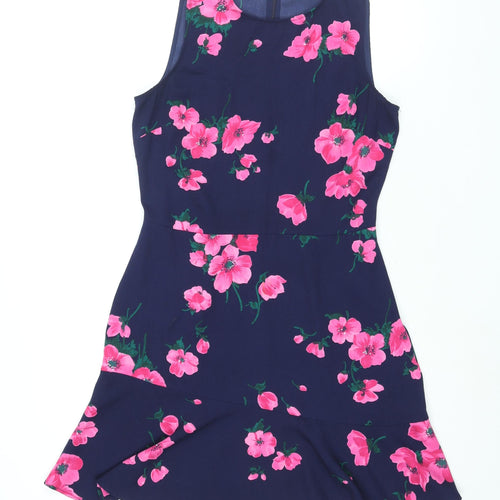 Warehouse Womens Black Floral Polyester Shift Size 12 Round Neck Zip