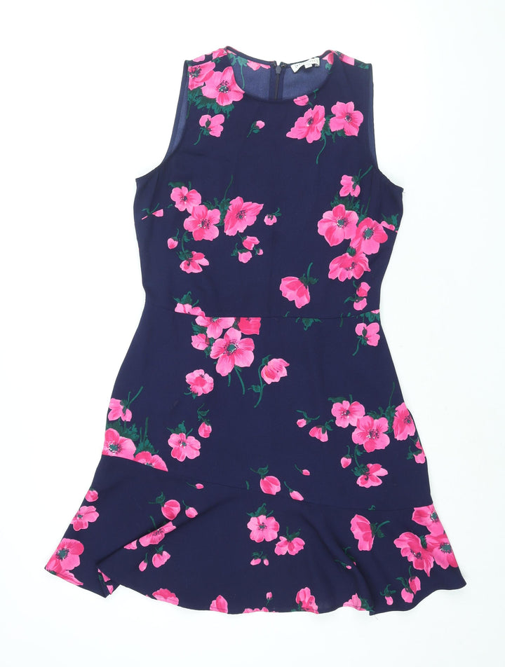 Warehouse Womens Black Floral Polyester Shift Size 12 Round Neck Zip