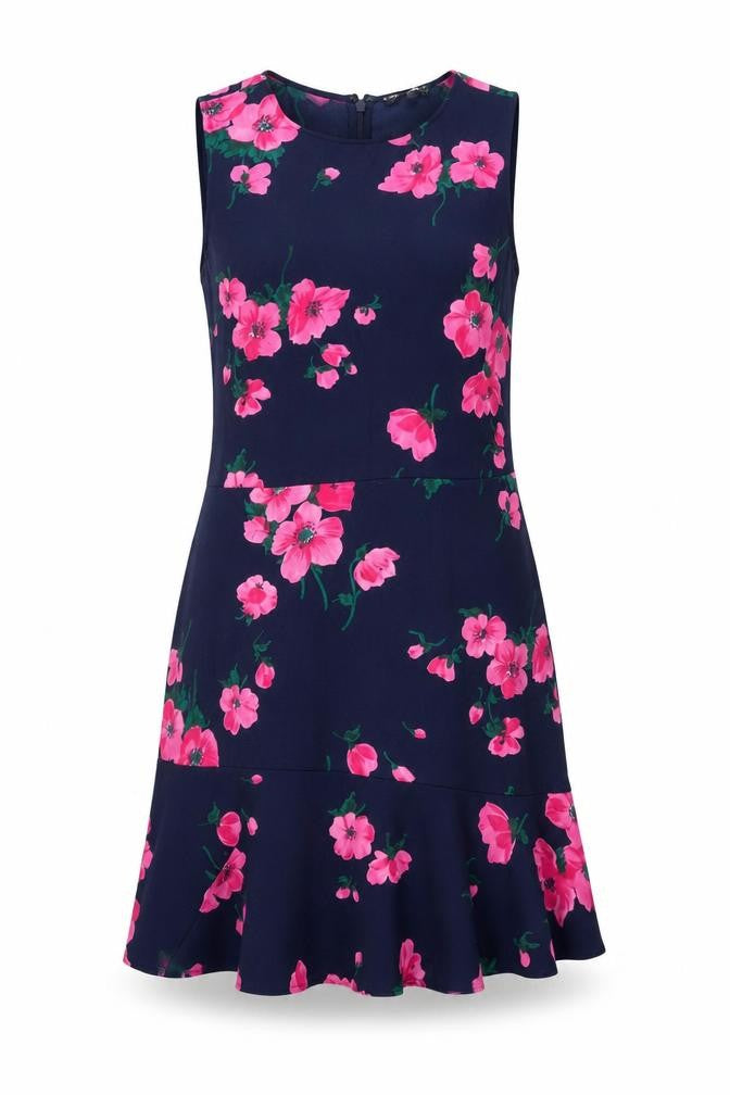 Front view of Warehouse women’s black floral polyester shift, size UK 12, round neck zip