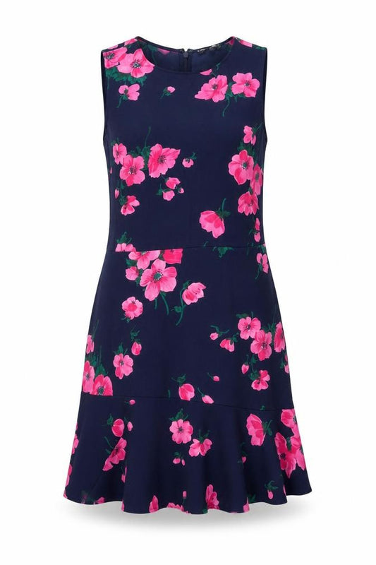 Front view of Warehouse women’s black floral polyester shift, size UK 12, round neck zip