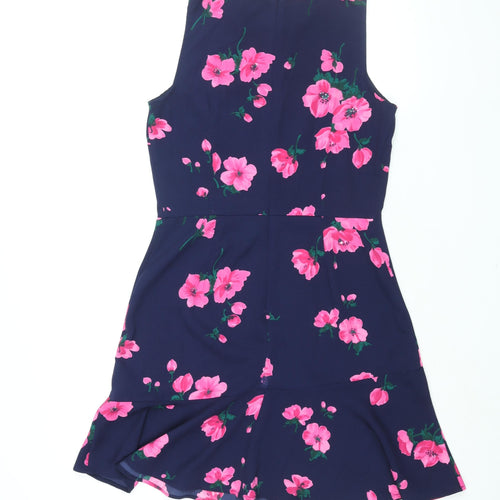 Warehouse Womens Black Floral Polyester Shift Size 12 Round Neck Zip