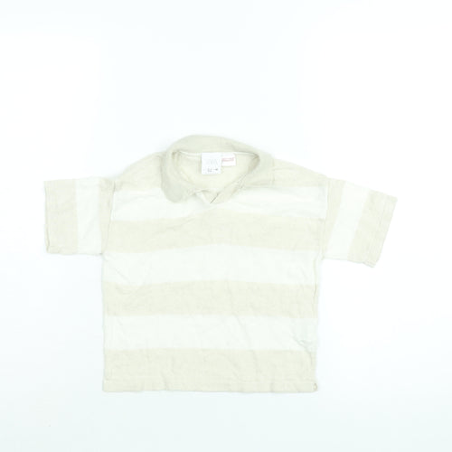 Zara Boys Beige Striped Cotton Basic Polo Size 2-3 Years Collared Pullover