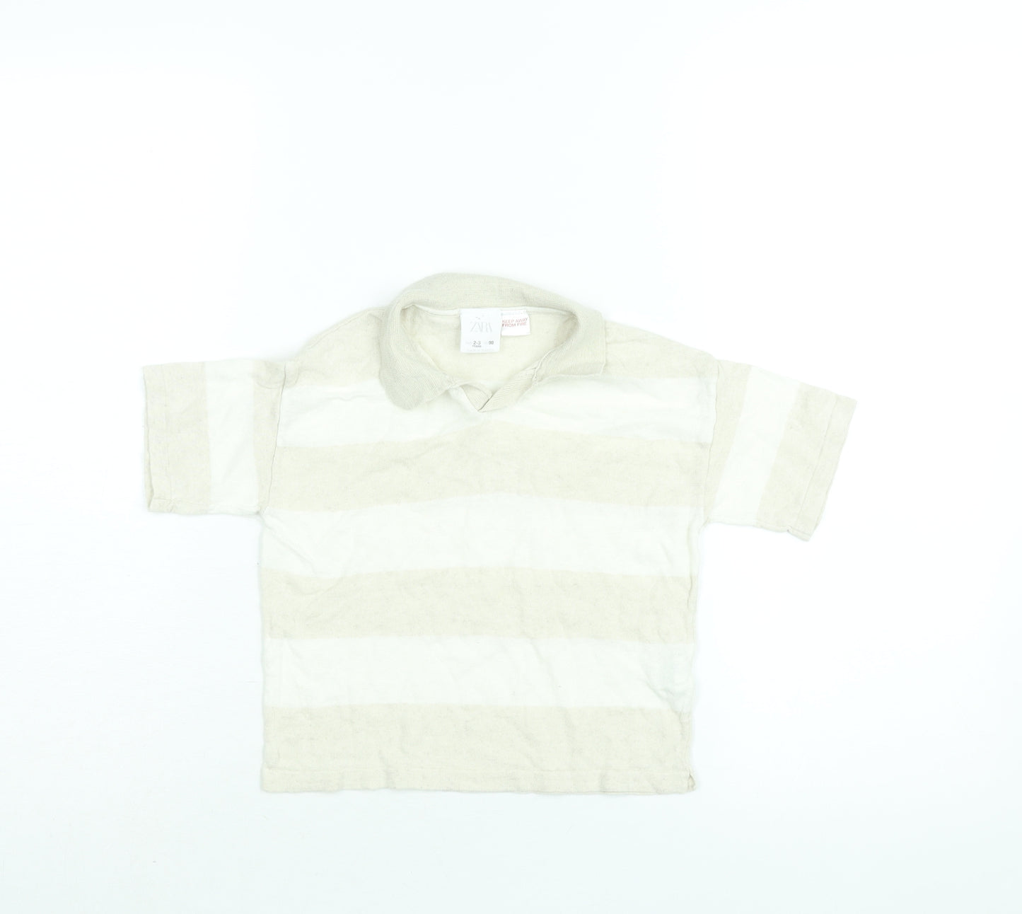 Zara Boys Beige Striped Cotton Basic Polo Size 2-3 Years Collared Pullover