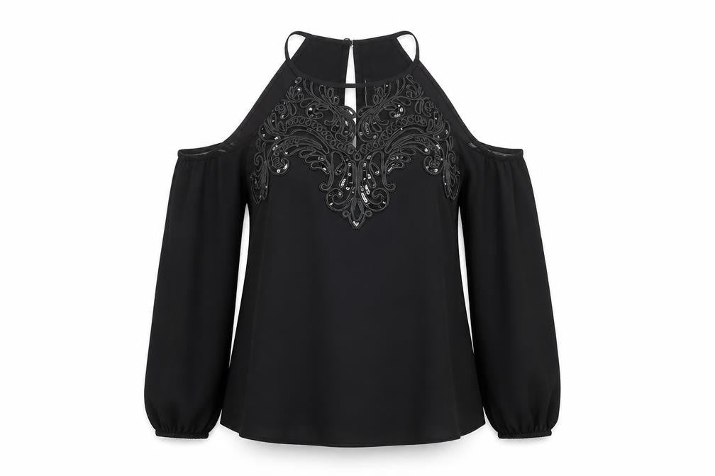 Front view of lipsyu women’s black polyester basic blouse, size UK 10, round neck - embellished sequin cold shoulder