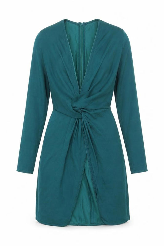 Front view of Missguided women’s green polyester wrap dress, size UK 8, v-neck zip