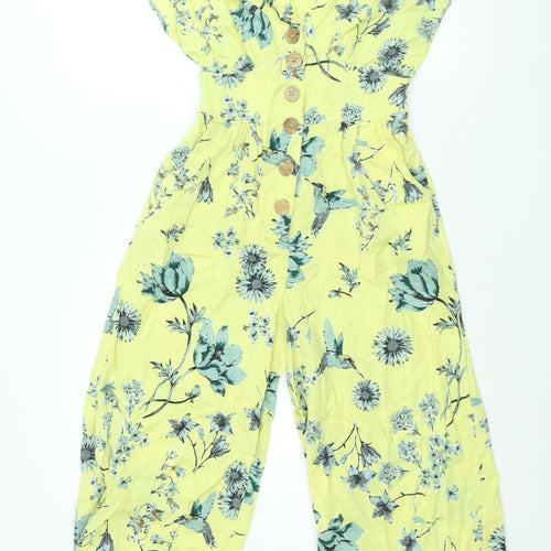 Angie Womens Yellow Floral Viscose Jumpsuit One-Piece Size M L21 in Button