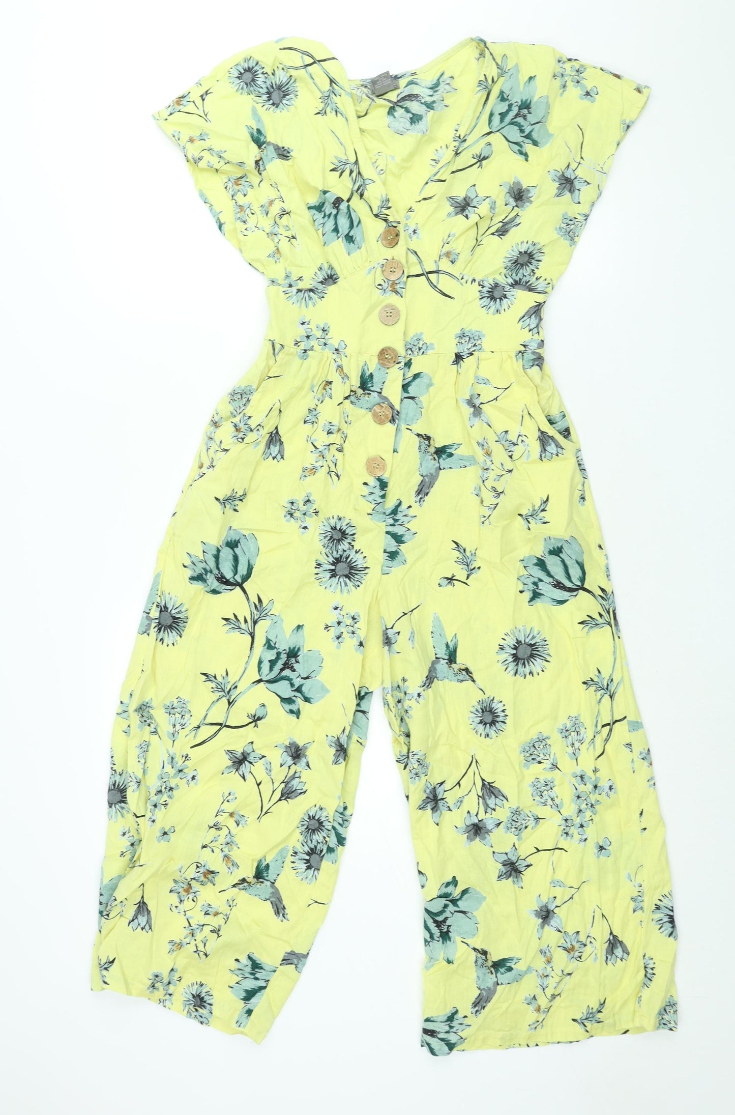 Angie Womens Yellow Floral Viscose Jumpsuit One-Piece Size M L21 in Button