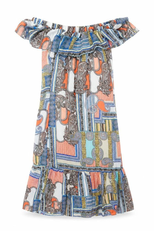 Front view of Cutie women’s multicoloured geometric polyester shift, size UK 8, off the shoulder pullover