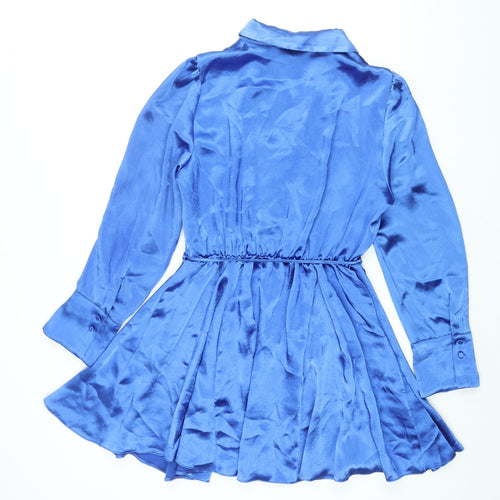 River Island Womens Blue Polyester Shirt Dress Size 14 Collared Button - Belted