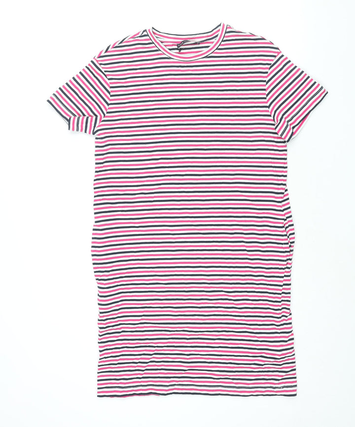 Marks and Spencer Womens Multicoloured Striped Cotton T-Shirt Dress Size 8 Round Neck Pullover