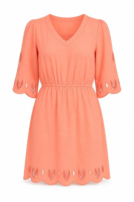 Front view of Market Spruce women’s pink polyester shift, size S, v-neck pullover - embroidered cut out detail