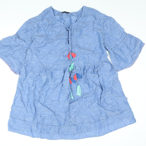 Marks and Spencer Womens Blue Cotton Shift Size M Round Neck Lace Up - Smocked Tassle
